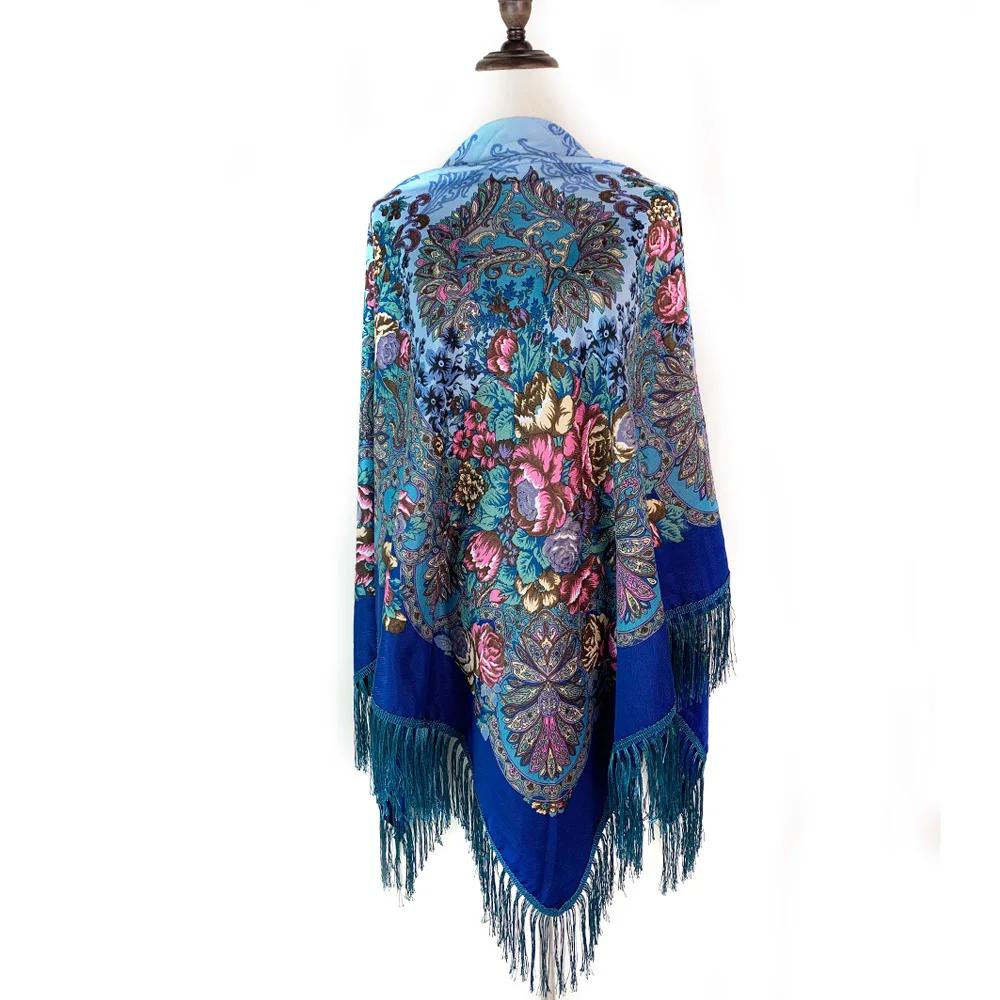 160*160cm Luxury Flower Print Russian Square Scarf Women Traditional Ukrainian Shawl Ethnic Fringed Bandana Babushka Head Wraps