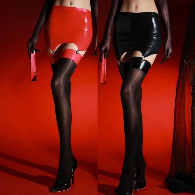 Gothic Punk Pvc Leather Rib Cut Edge Thigh High Stockings Sexy Horse Oil Shiny Stockings Thin Dance Night Club Party Lingerie