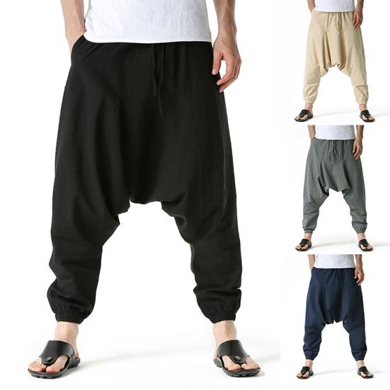 Drop Slacks Deep Crotch Mid-Rise Drawstring Elastic Waistband with Large Capacity Pockets Loose