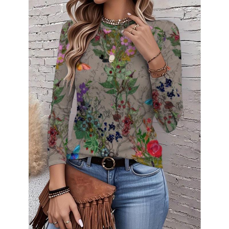 2026 New Women's Fashionable Long-Sleeved T-Shirt with Retro Floral Pattern, Perfect for Everyday Wear and Stylish Outfits