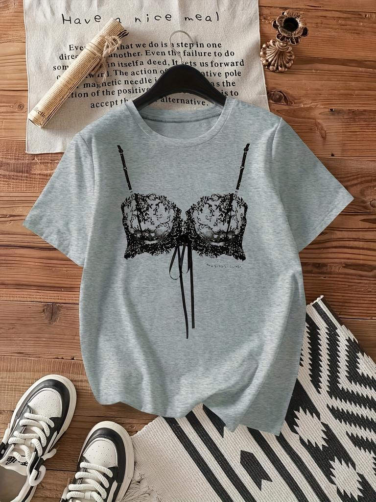 Women's White Casual Short Sleeve T-Shirt with White Lingerie Print Fit Round Harajuku Short Sleeve Casual Aesthetic Clothes