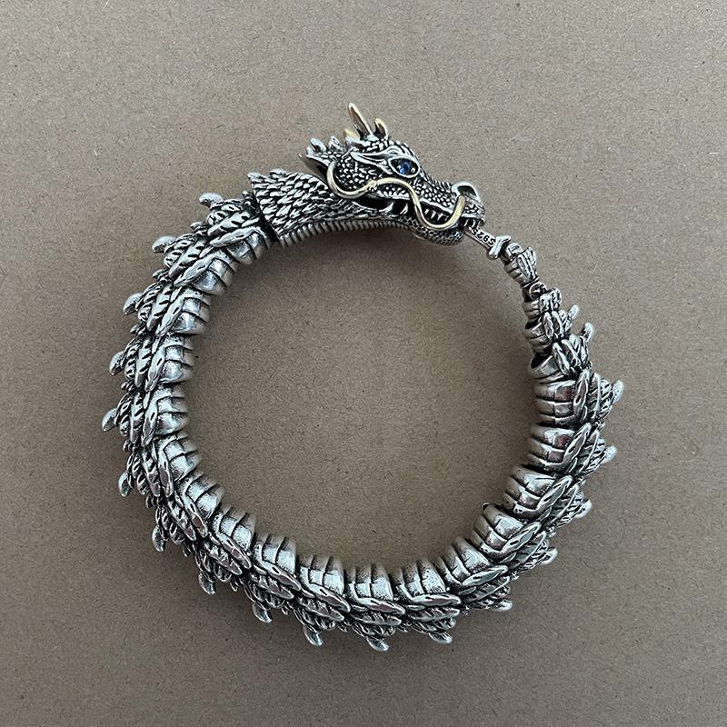 Men's Cross-Border Retro Dragon Bracelet: Punk Style Thai Silver with Sapphire Accents