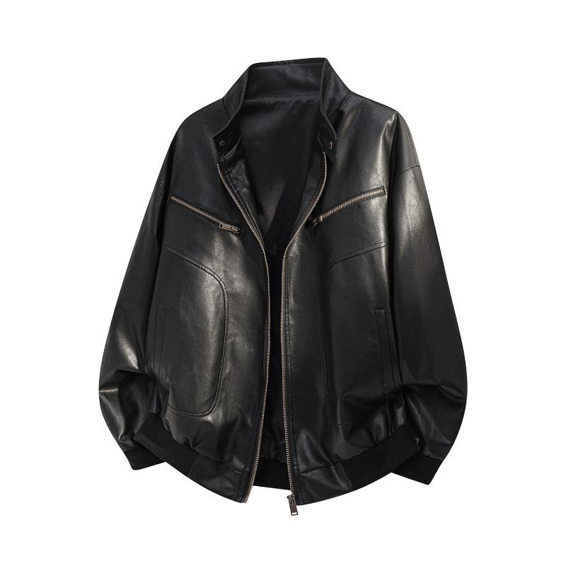 American Windproof Stand-up Collar PU Leather Jacket Men's Autumn Retro Loose Silhouette Locomotive Jacket Pu Leather Jacket