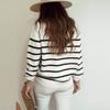 Women's Stripe Knitted Sweater Round Neck Shoulder Button Pullover Sweater