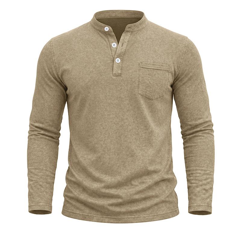 Men S Vintage Washed Long Sleeve Stand Collar Henley Shirt