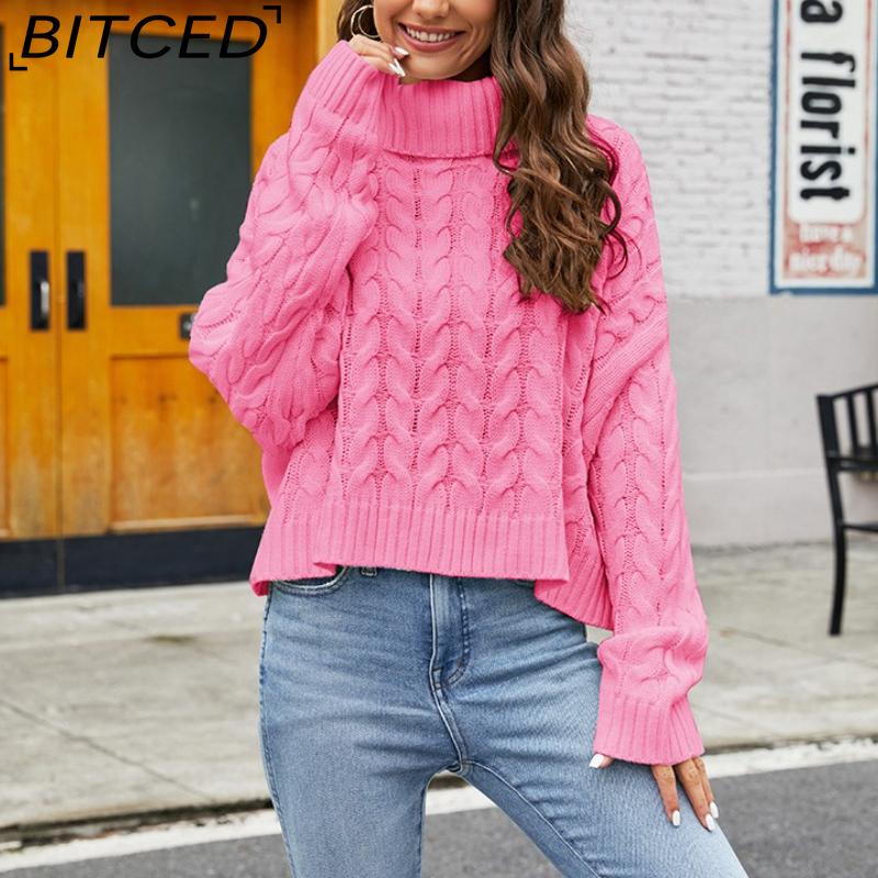 BITCED Chunky Cable-Knit Turtleneck Sweater Solid-Colour Casual Knitwear Women's Cropped Oversized Pullover