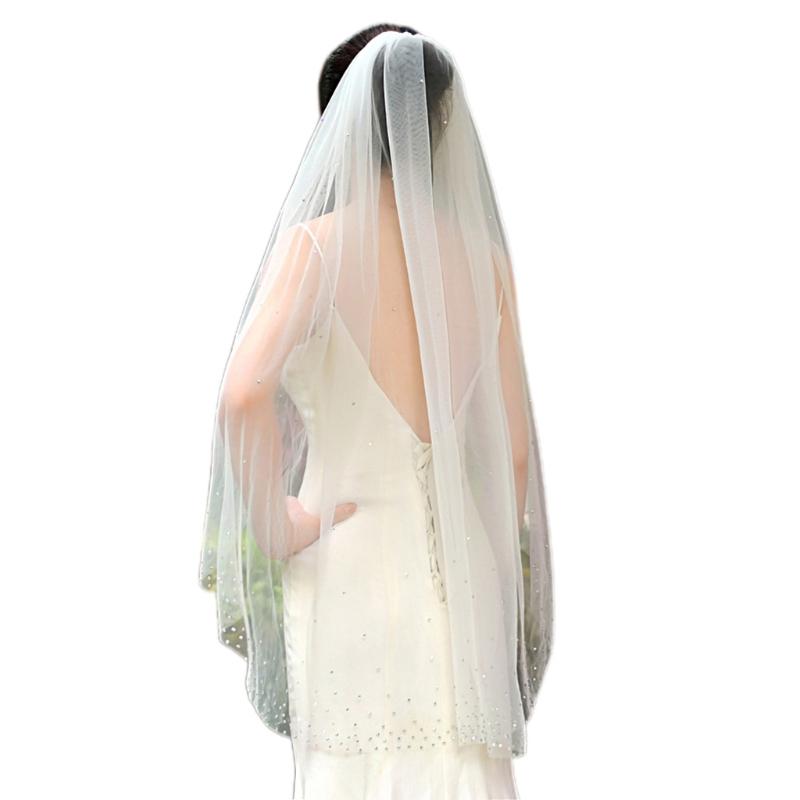 1 Tier Wedding Bridal Veil with Comb Sparkling Rhinestones Adornment Short Fingertip Length Cut Edge Tulle Veil