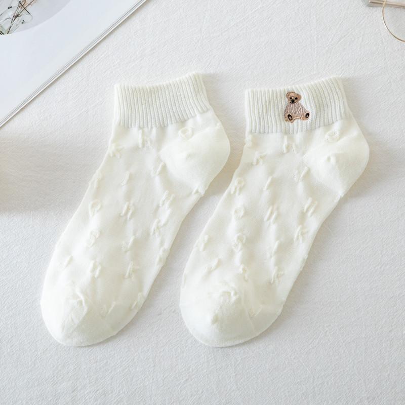 Ladies Summer Thin Lovely Embroidered Pure Cotton White Boat Socks
