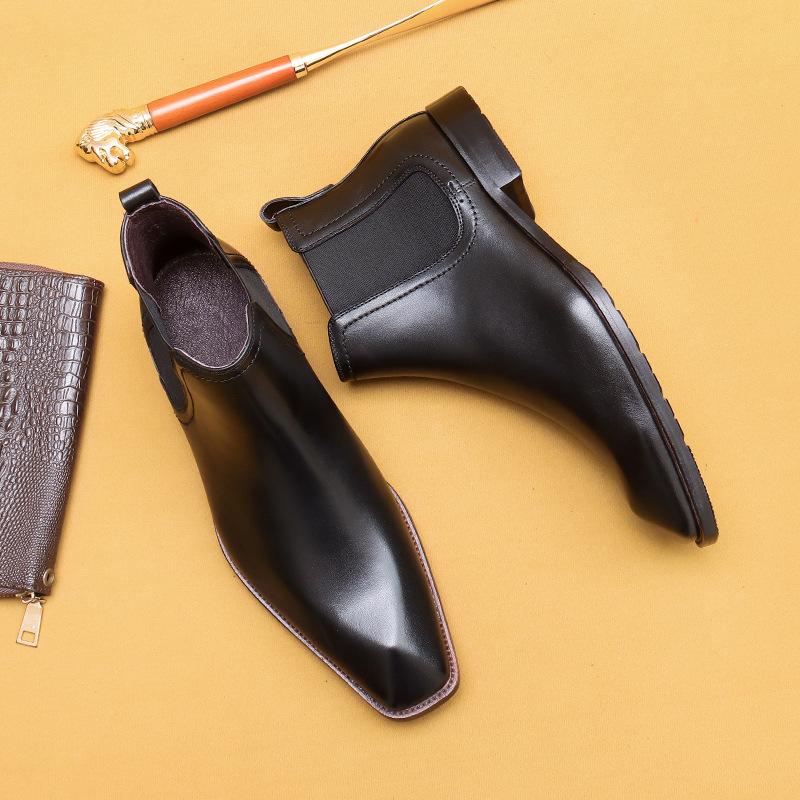 Ghete Chelsea de catifea de iarnă pentru bărbați, din piele, stil britanic, cu vârf ascuțit, pantofi de afaceri, cu vârf înalt
