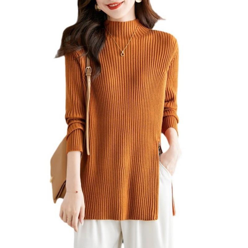 Design zipper semi-turtleneck solid color knitted sweater top women's autumn and winter new pullover sweater with bottoming shirt