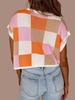 Women's Color Block Cropped Knit Top Cap Sleeve Crew Neck Summer Short Sweater