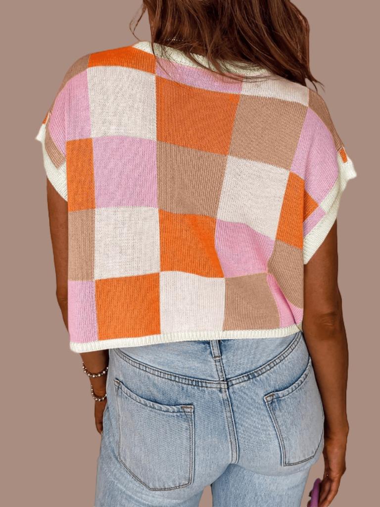 Women's Color Block Cropped Knit Top Cap Sleeve Crew Neck Summer Short Sweater