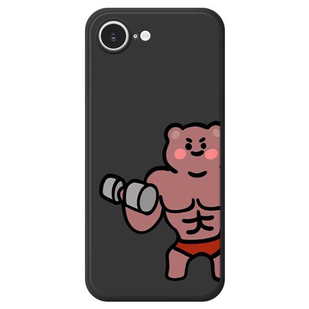

For iPhone 16e Case Muscle Bear Pattern Printing Straight Edge TPU Phone Back Cover Black