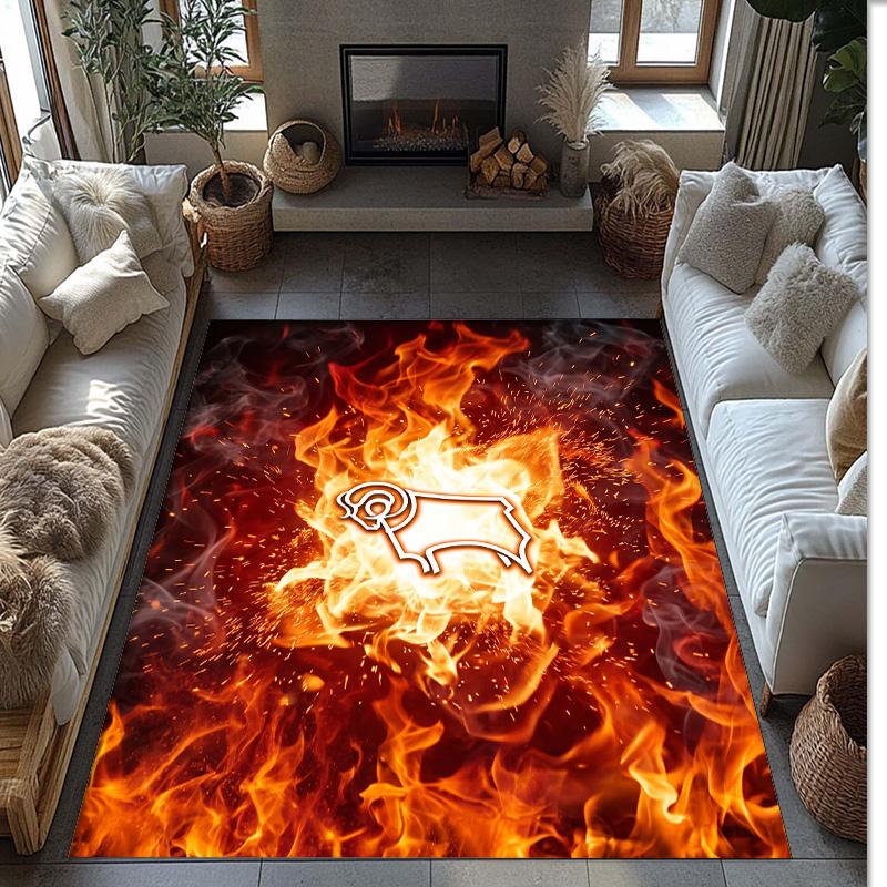 Derby County Football Print Crystal Velvet Rug, Comfortable Water Absorbent Non Slip Indoor Floor Carpet