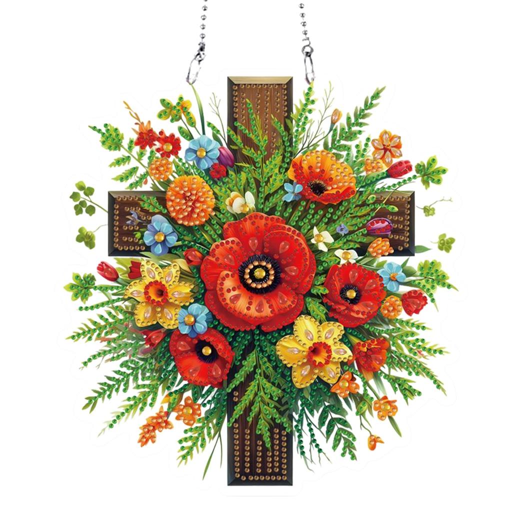 Acrylic Special Shaped Cross Flower Diamond Painting Hanging Decorations Rhinestone Diamond Art Window Pendants for Office Decor
