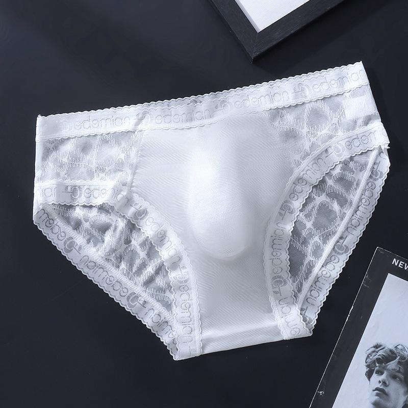 Lace See Through Sissy Pouch Lingerie Panties Men'S Seamless Ice Silk Briefs Thin Breathable Sexy 3D Convex Pouch Underpant