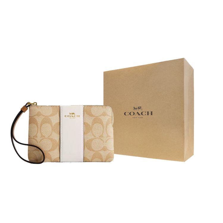 Coach Corner Zip Wristlet 15 Striped Signature Coated Canvas And Recycled Leather Clutch Mini Women clutch Light-Khaki CR945-IMWQJ