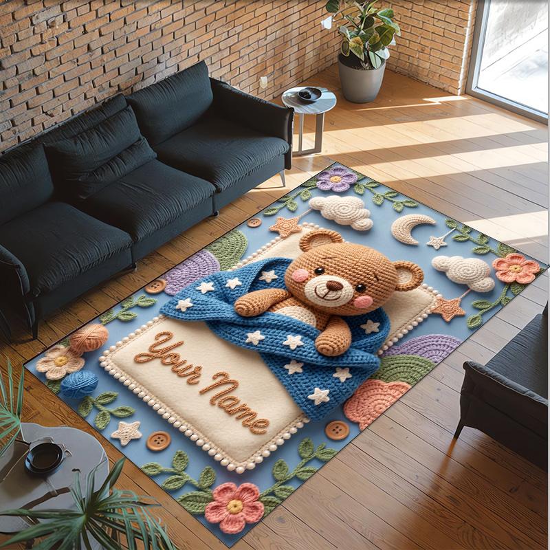 Teddy Bear Theme Crystal Velvet Rug Personalized Custom Name Text Soft Floor Mat Home Decor