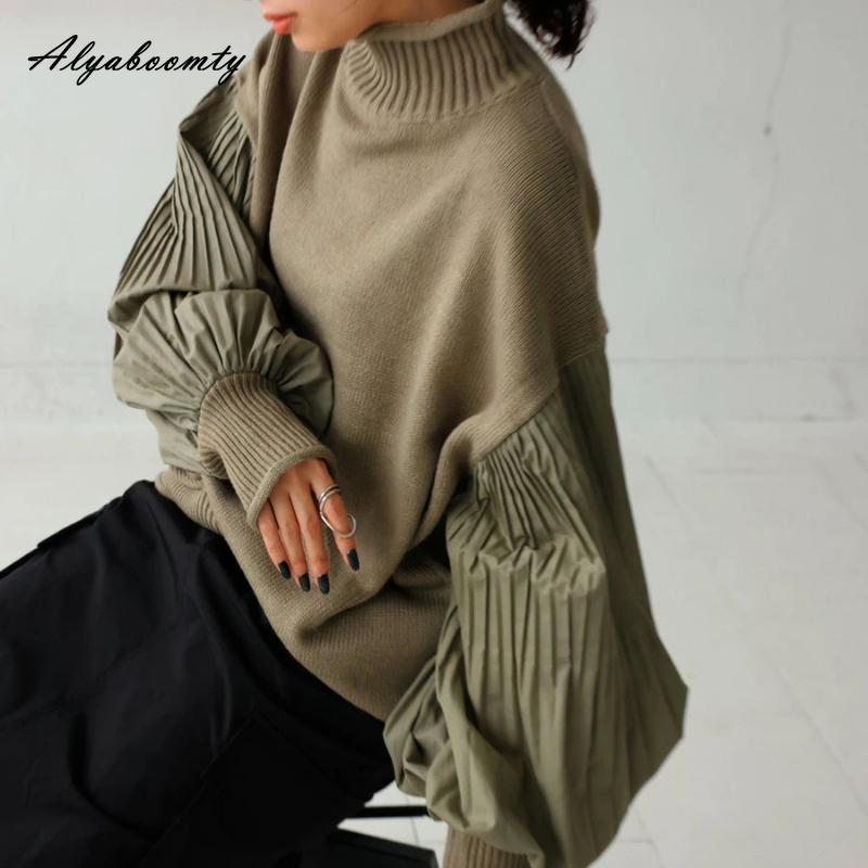 

Модный осенне-зимний женский стильный свитер с высоким воротником, черный, хаки, пэчворк, повседневный, свободный пуловер, рукава-фонарики, женский свитер One Size