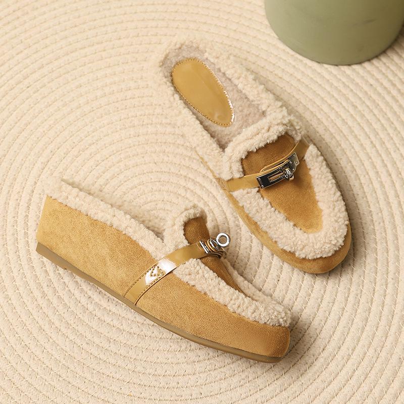 Cozy Ladylike Furry Slipper Mules with Metal Buckle & Hidden Heel - 2025 Autumn/Winter