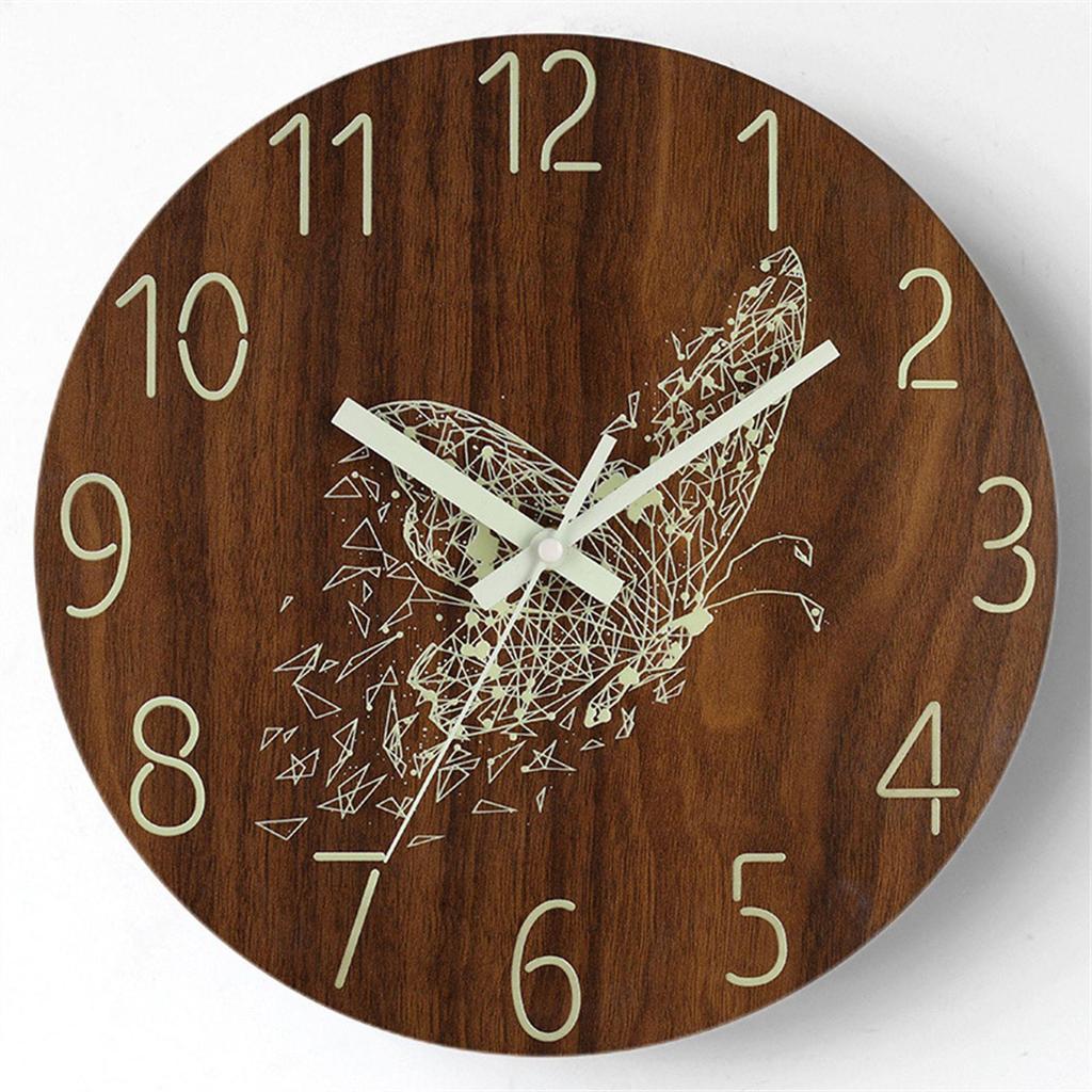 8" Silent Luminous Wall Clock, Wood Grain MDF, Fluorescent Quartz Clock