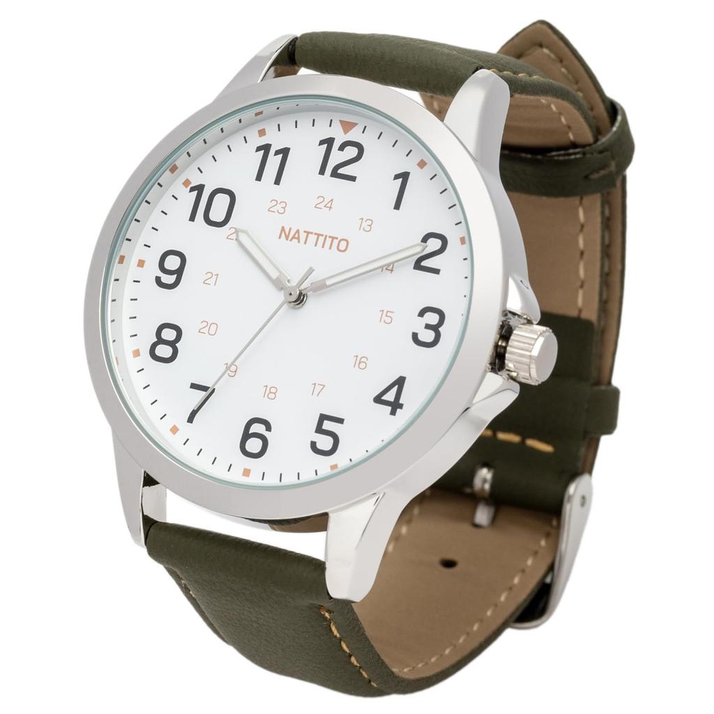 Fieldwork Analog Watch with Leather Color Women's Strap, Easy-to-Read Stitching, 24-Hour Display, Men's-Like Khaki, ST298-3