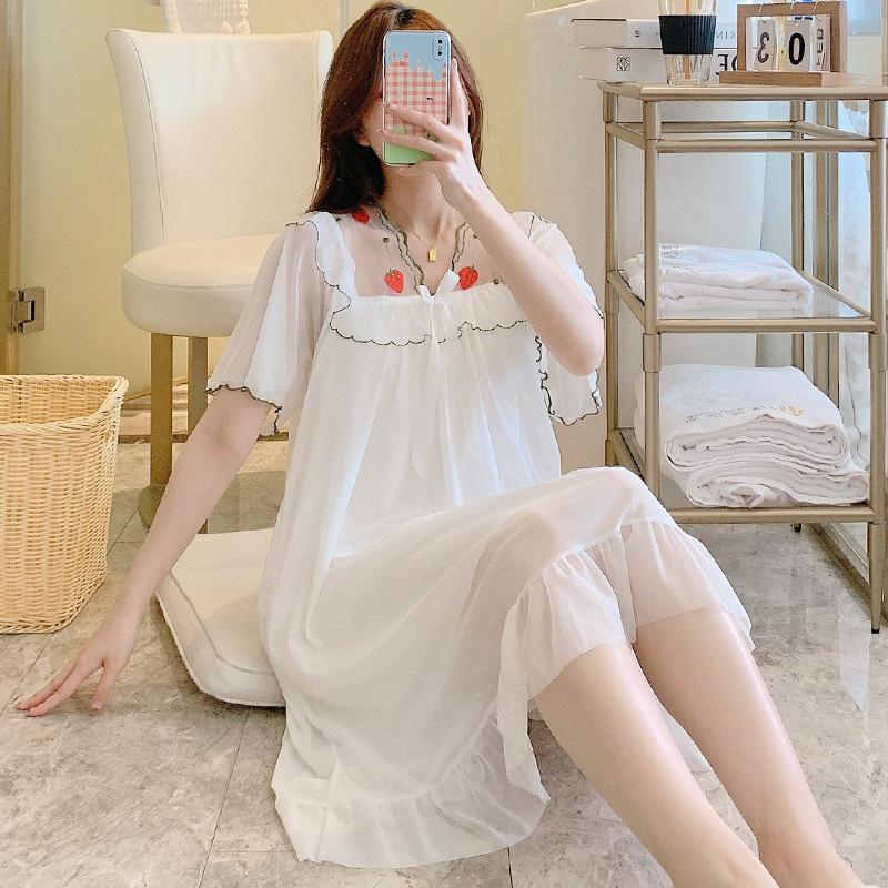 Summer Loose And Sweet Princess Style Solid Color Medium And Long Mesh Nightdress Pajamas Loungewear