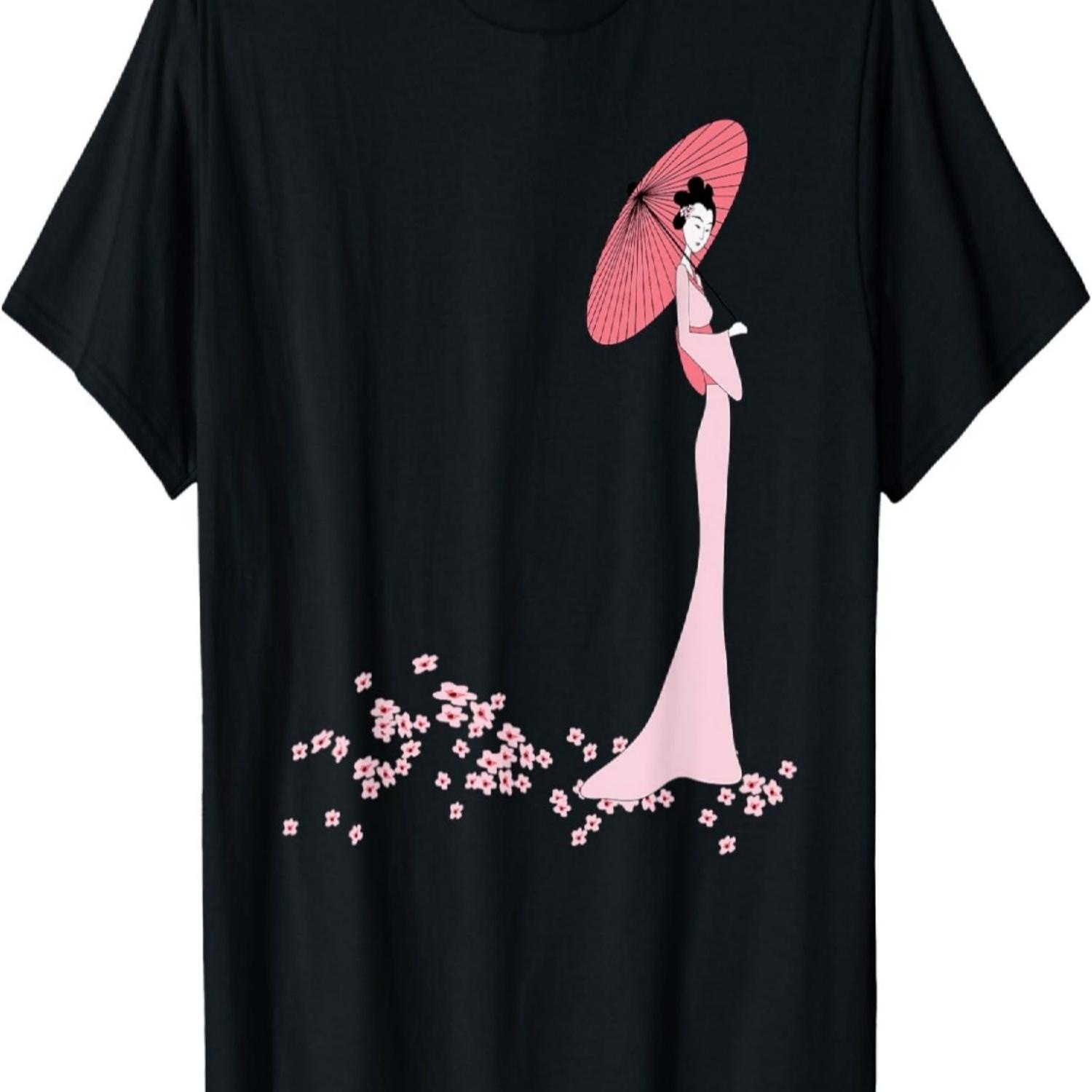 Pretty  Geisha Girl Pink Parasol Cherry Blossoms T-Shirt S чёрный