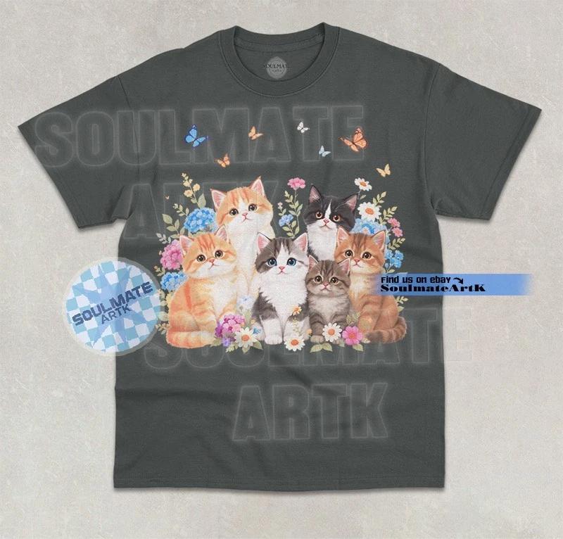 Cute Floral Cats T- Shirt Funny Cute Kitty Lover Meme Unisex Graphic Shirt M