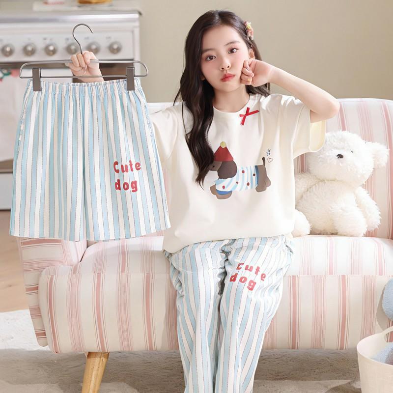 2026 Cotton Pajama Set Girls Short Sleeve Thin Sleepwear Sweet Cartoon Print Kids Home Outfit