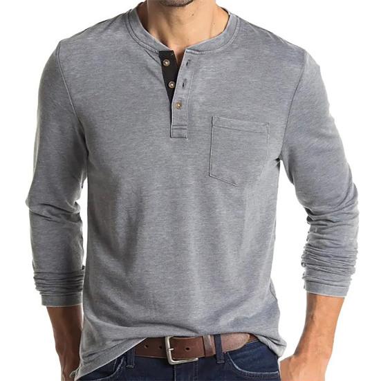 O-Ausschnitt Langarm Tasche Herrenhemd Knöpfe Hals Einfarbig Pullover Oberteil für Herbst Winter
