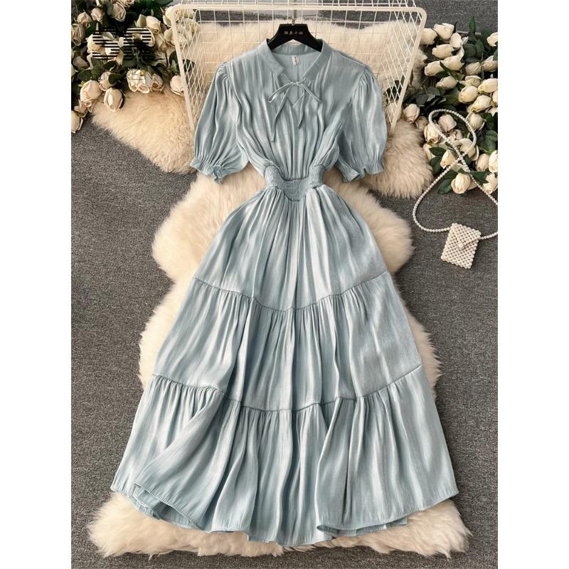 Solide Französisch Lange Kleid Frauen Kurzarm Elastische Taille Mode 2024 Casual Damen Elegante Schlanke A Linie Kleider