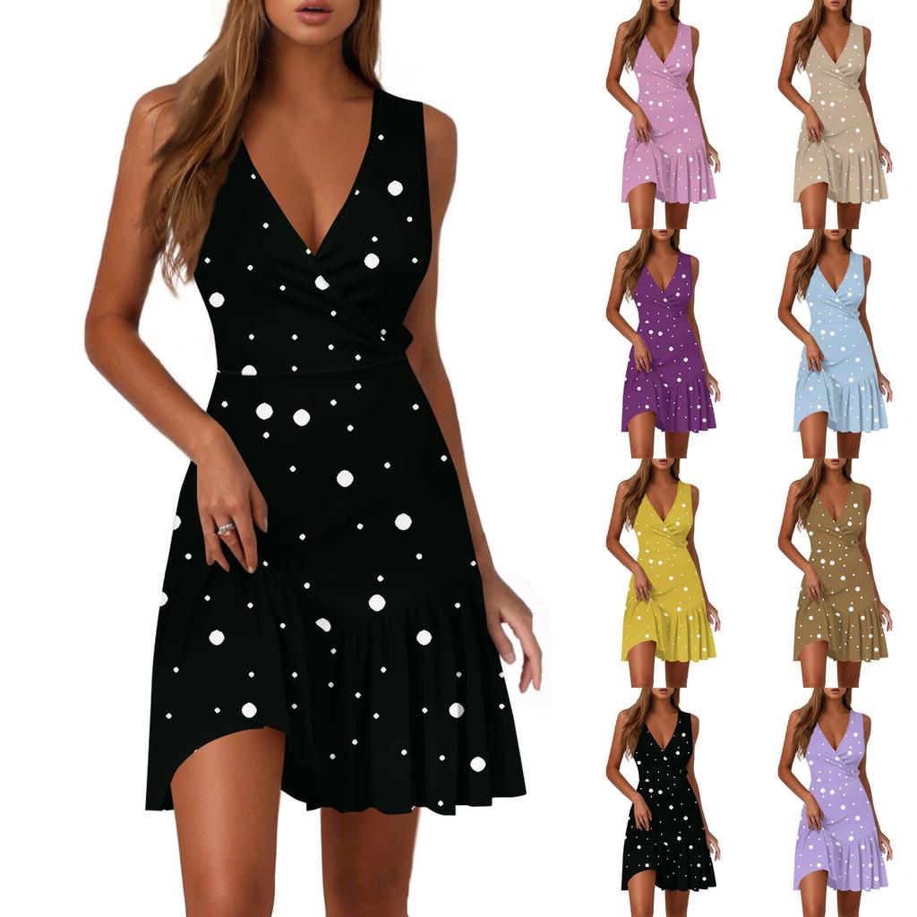Ladies Casual Fashion V-Neck Sleeveless  Print Dress