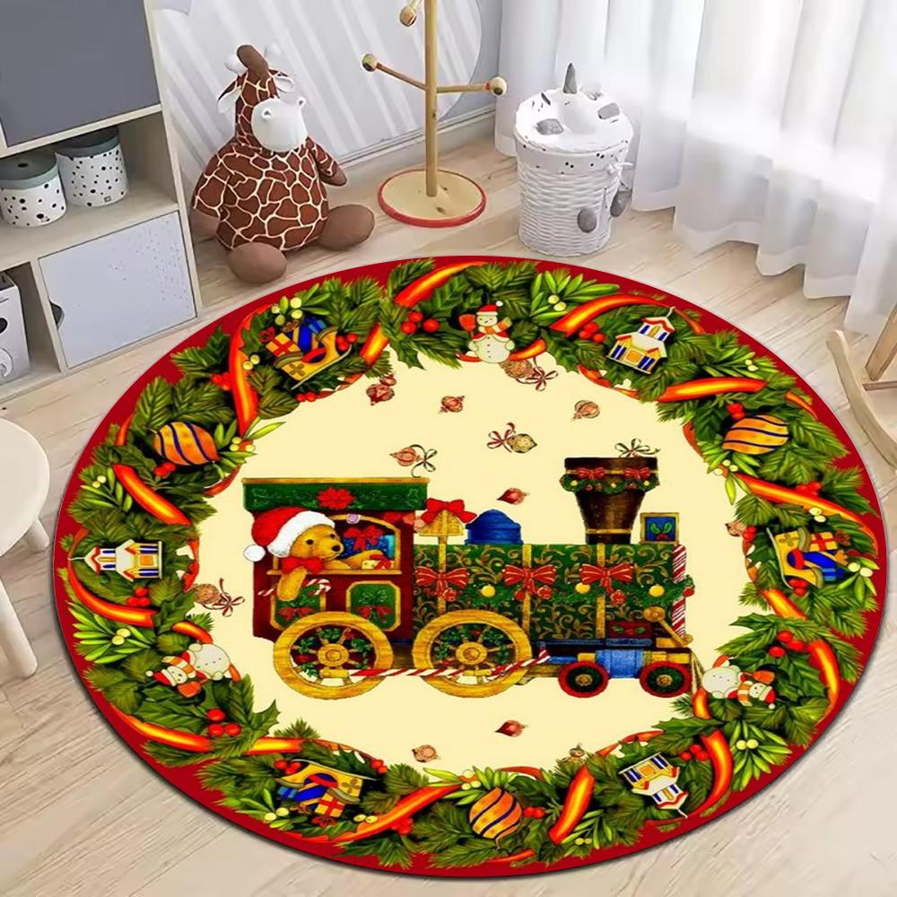 Christmas Ornaments Circle Rug Living Room Decor Sofa Rug Merry Christmas Santa Rudolph Riding Home Mat Festival Event Carpet