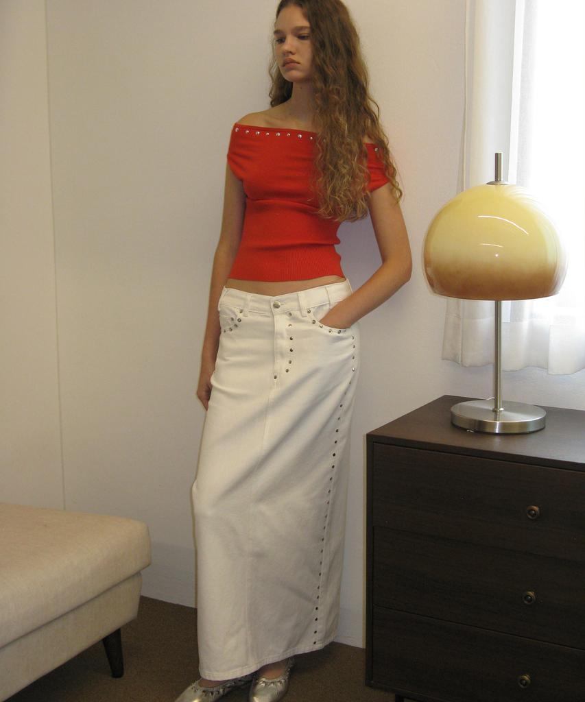 Partimento Woman Studded Denim Maxi Skirt_White
