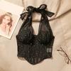 Slim Fit Rhinestone Corset Sleeveless Neck Halter Crop Top Elegant Mesh Crystal Camisole  Party