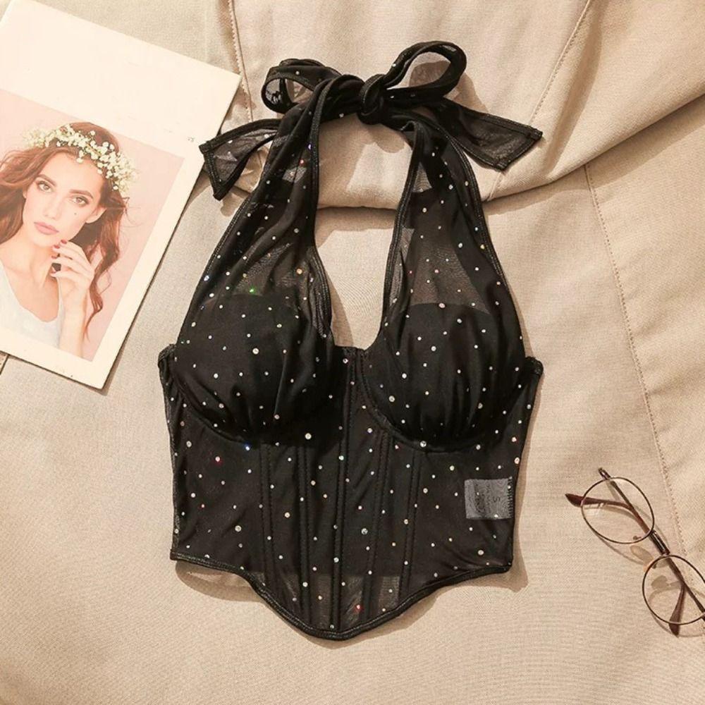 Slim Fit Rhinestone Corset Sleeveless Neck Halter Crop Top Elegant Mesh Crystal Camisole  Party