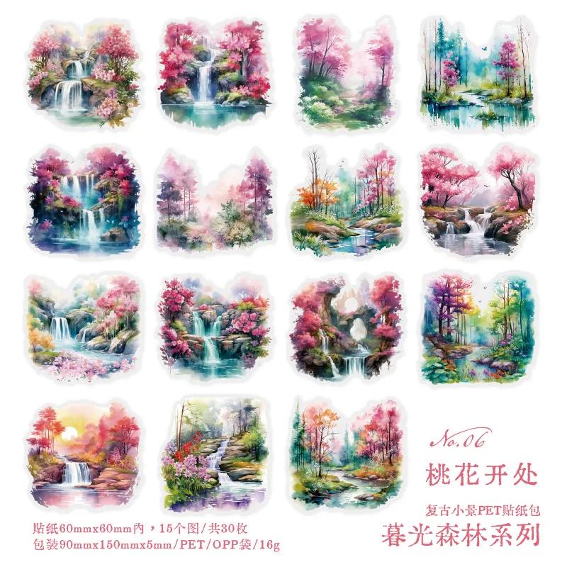 30Pcsbag Transparent Stickers Bag Twilight Forest Series Art Landscape Scrapbook Junk Journal Diary Decorative Collages