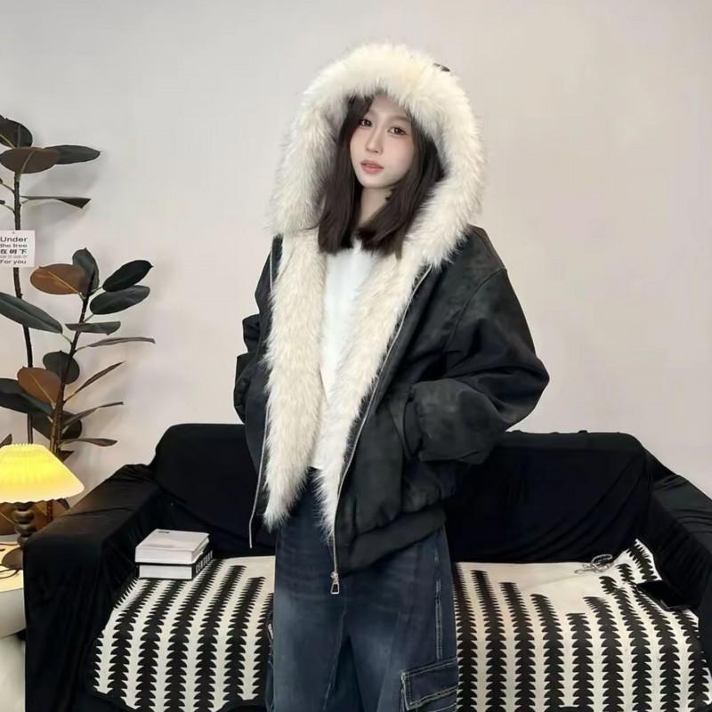Faux Fur Hooded PU Cotton Coat Couple Style Winter Warm Loose Jacket Women