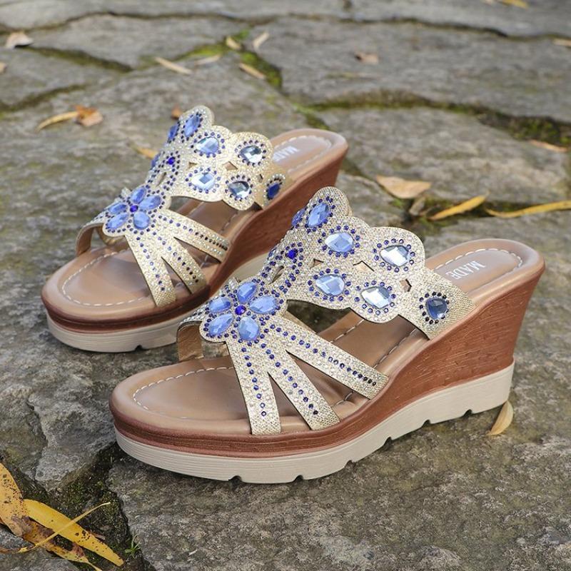 Fashion Women Round Toe Wedges Heel Shoes Ladies Casual Open Toe Comfort Spring Summer Rhinestone Slippers Party Sandals Plus Size 35-43