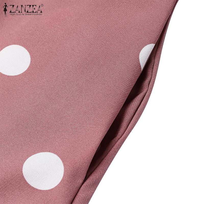 ZANZEA Women Vacation Casual V-Neck Sleeveless Polka Dot A-Line Slit Dress