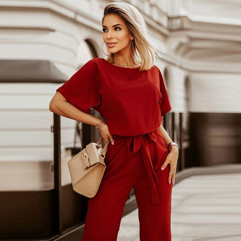 

2024 Summer Thin Pure Color Short Sleeve Rompers Women s European and American Personalized Series Belt Back Cut Out Wide Leg Jumpsuit Red XXL fit (80.00 kg-85.00 kg