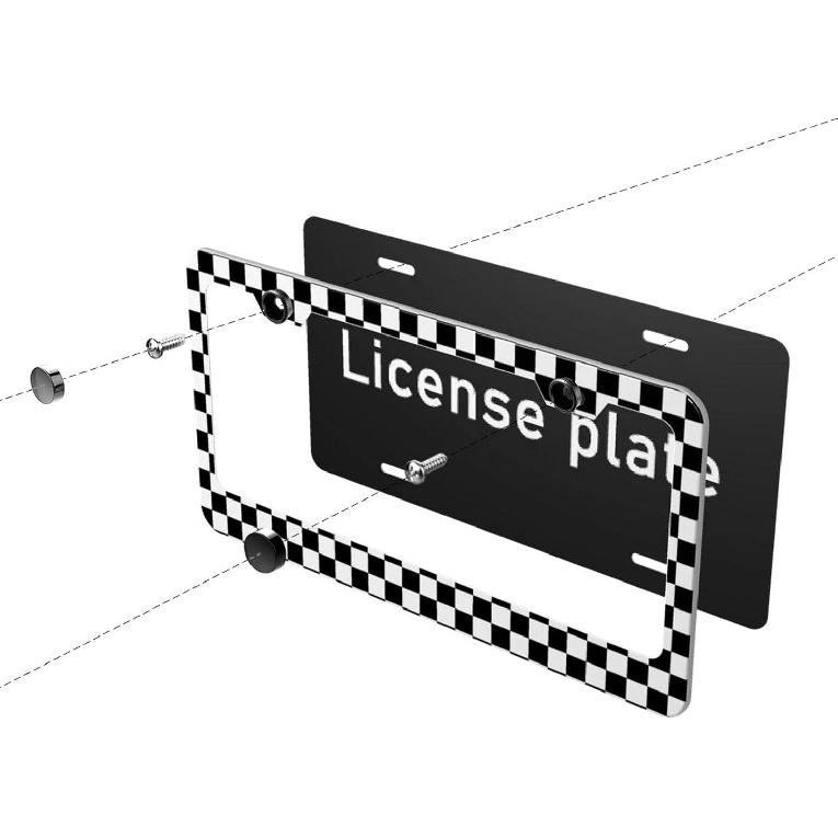 2Pack Simple Style Black And White Racing And Checkered Pattern Car License Plate Frames, Aluminum Car Tags Frame With Screws Caps