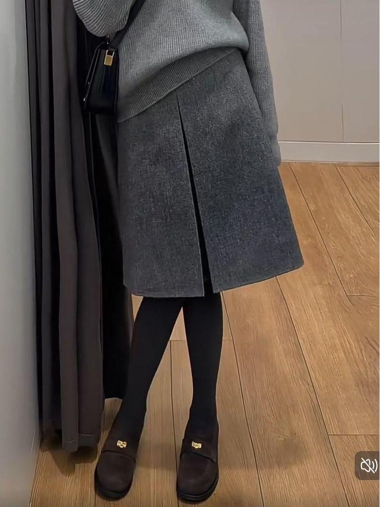 Light Gray Woolen High Waist Midi A-Line Skirt - Slimming, Versatile, Autumn/Winter Fashion for Women