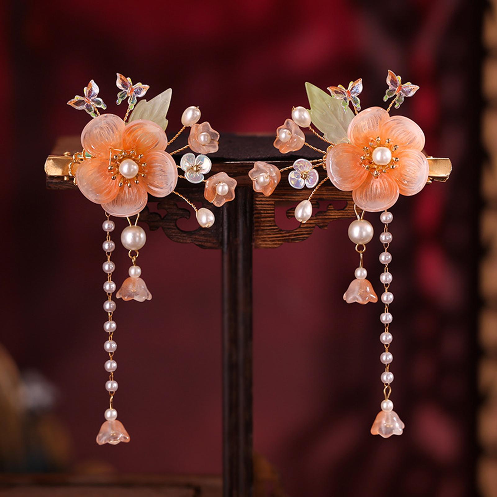 2pcs Retro Flower Hair Clips Chinese Style Glass Flower Tassel Hair Clip Set Hanfu Cheongsam Dress Jewelry Hair Accessories