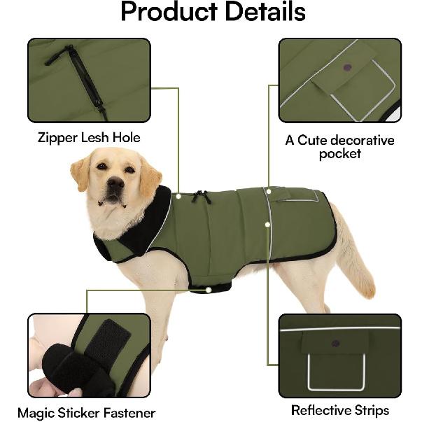 Dog Coat, Small Dog Jacket, Windproof Dogs Puffer Jacket, Fleece Lined Warm Dogs Winter Coat with Harness Hole (Army Green S)