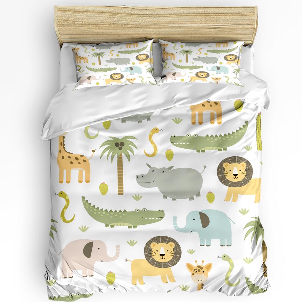 Tropical Jungle Cartoon Animal Giraffe Lion Elephant Duvet Cover Pillow Case Bedding Set Quilt Cover Double Bed Home Textile