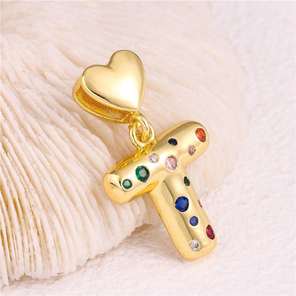 18K Gold-Plated Zircon Necklace with Cross and Colorful Letter Pendants