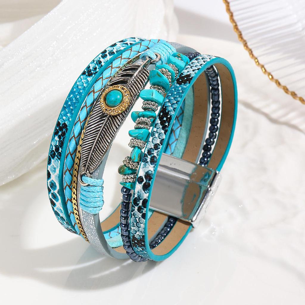 Bohemian Style Crushed Stone Feather Leather Bracelet with Vintage Turquoise and Magnetic Clasp
