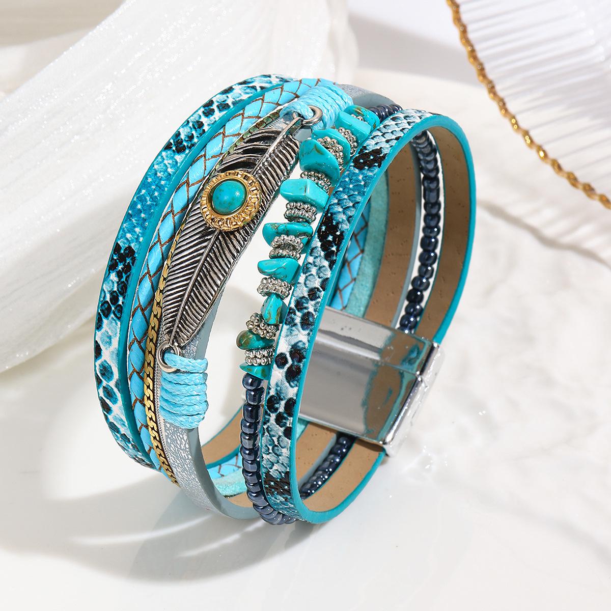 

Bohemian Style Crushed Stone Feather Leather Bracelet with Vintage Turquoise and Magnetic Clasp